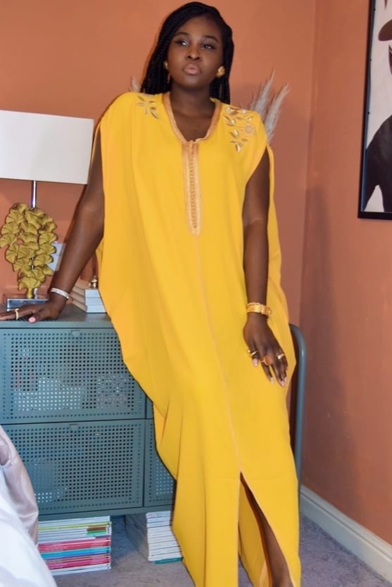 Mayada Women's Embroidered Sleeveless Gandoura Kaftan in Mustard