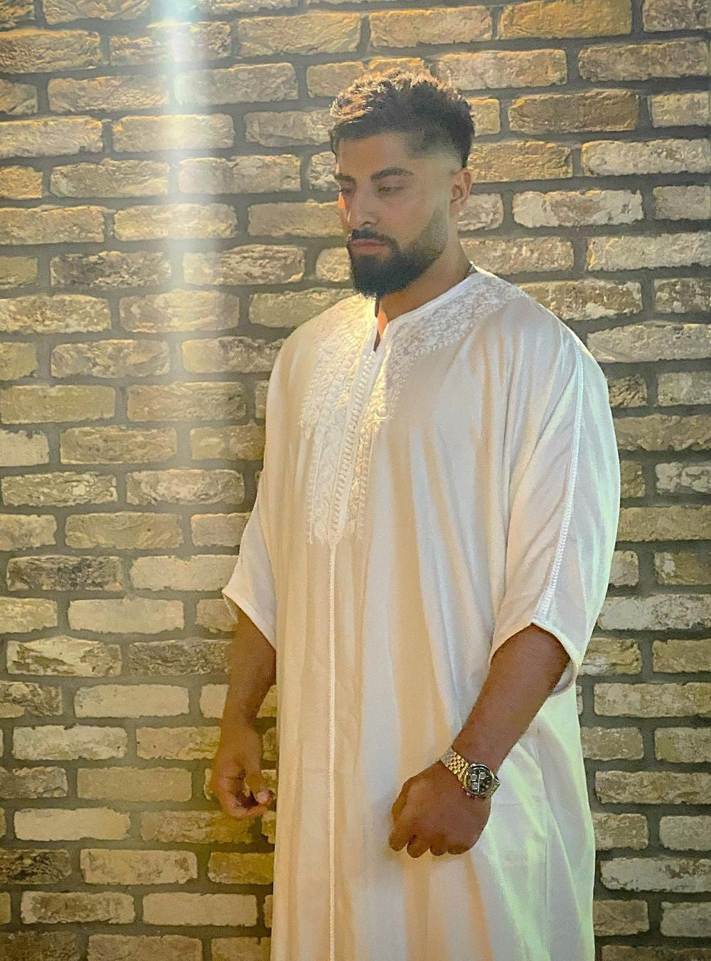 Gandoura Badii Men's Long Robe Long Sleeve thobe in Ecru