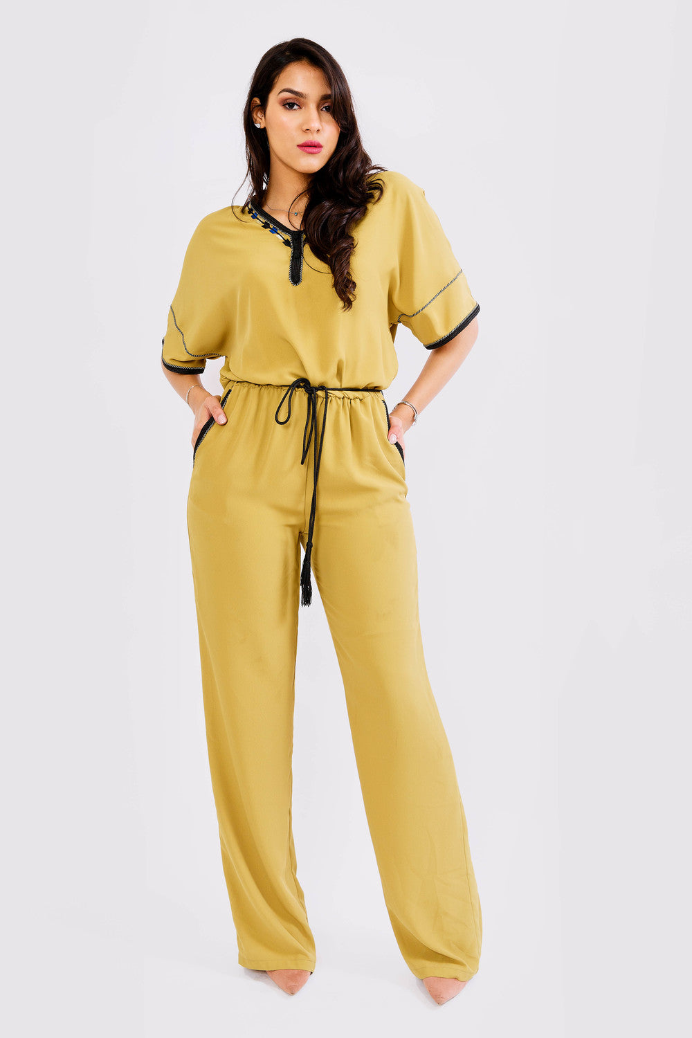 Amira Cropped Sleeve Embroidered Full-Length Jumpsuit in Lime