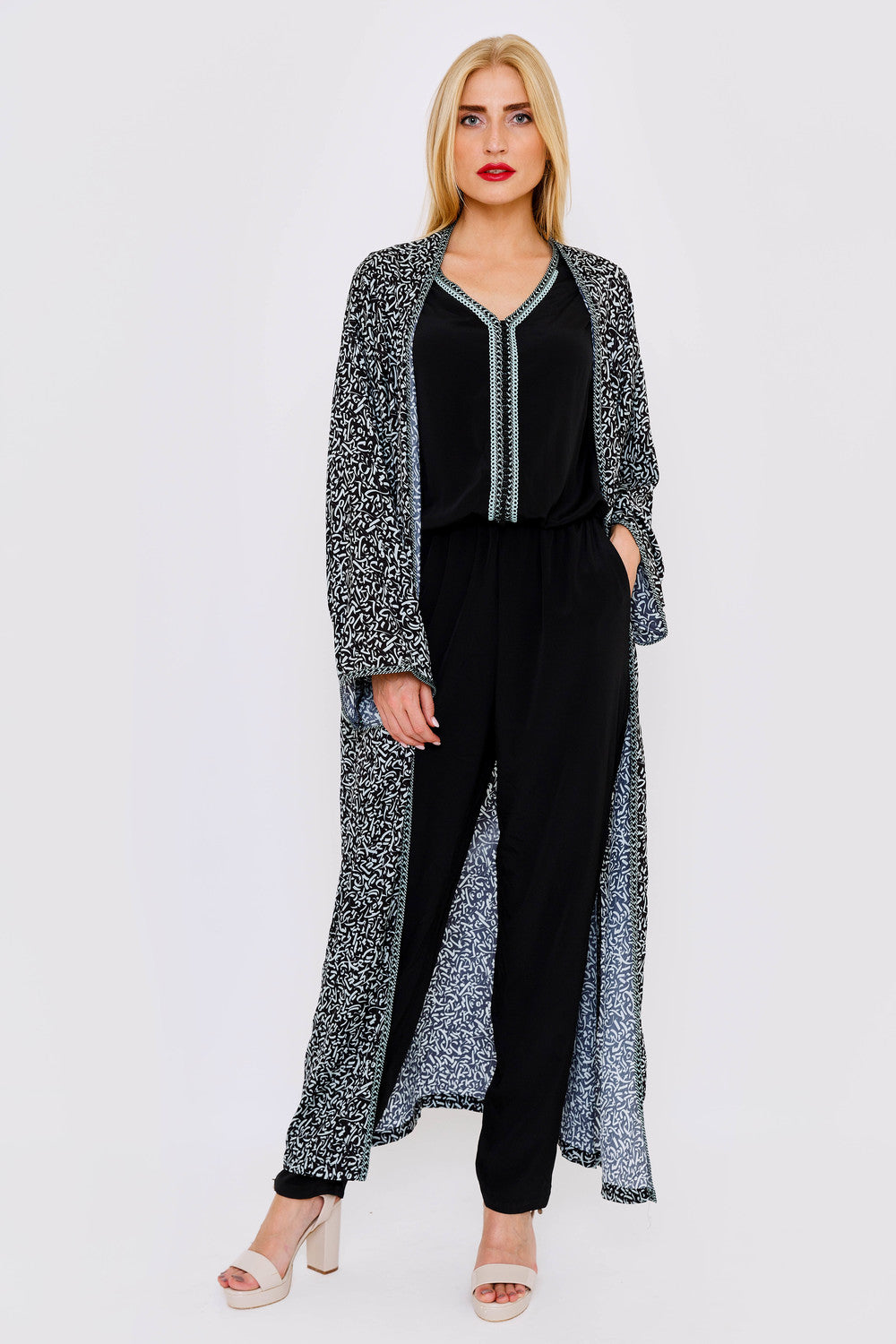Bella Sleeveless Modest Jumpsuit and Coordinating Duster Jacket Set in Black & Print