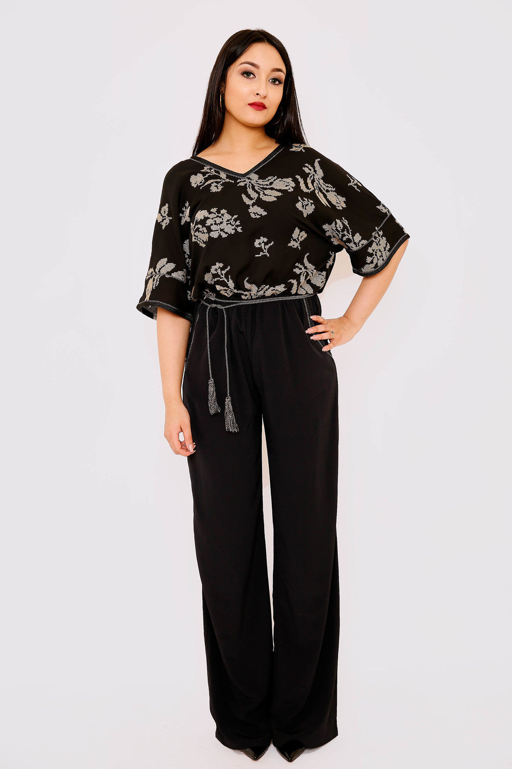 Ilyana Cropped Sleeve V Neck Floral Print Full-Length Jumpsuit