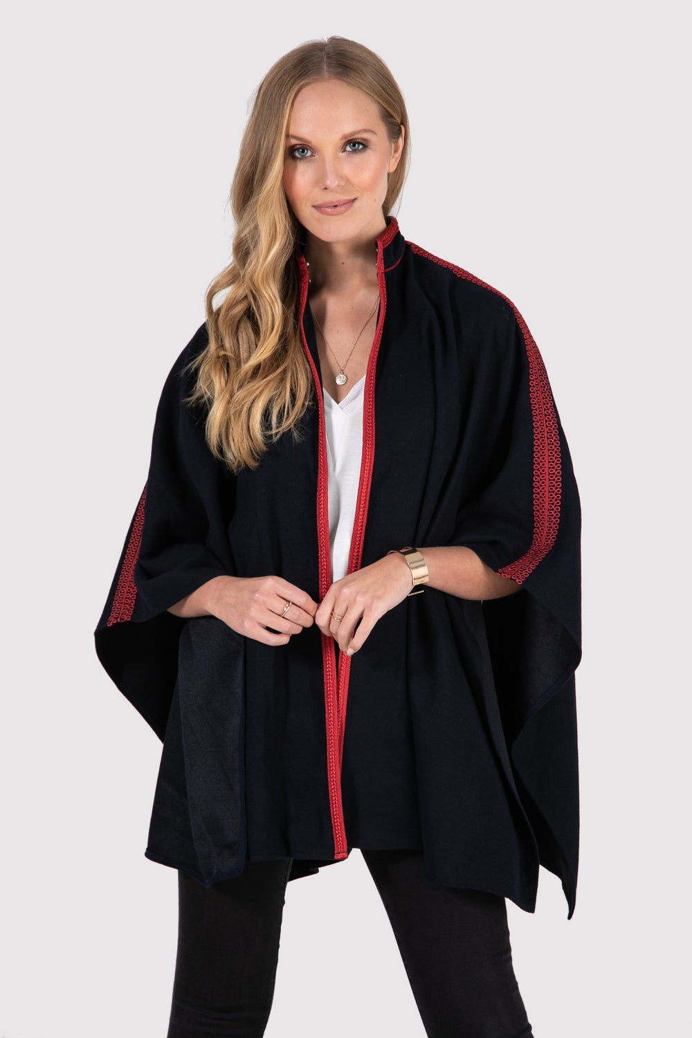 Noha Contrast Embroidery Longline Cape Jacket in Blue and Red