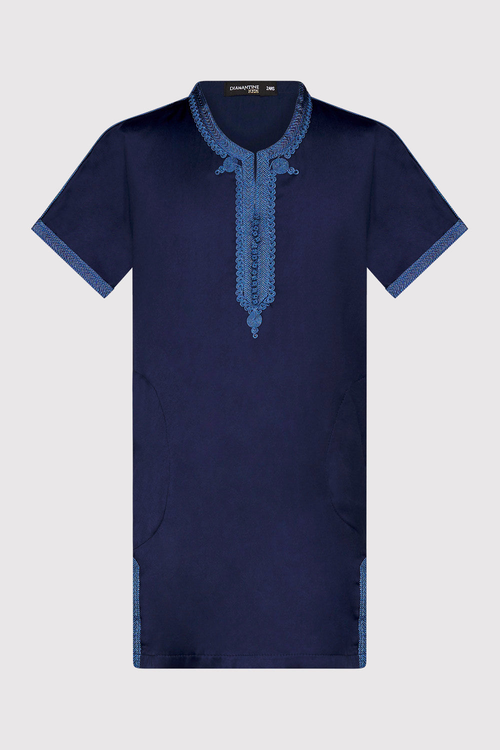 Gandoura Yahya Boy's Short Sleeve Embroidered Collarless Robe Thobe in Navy Blue