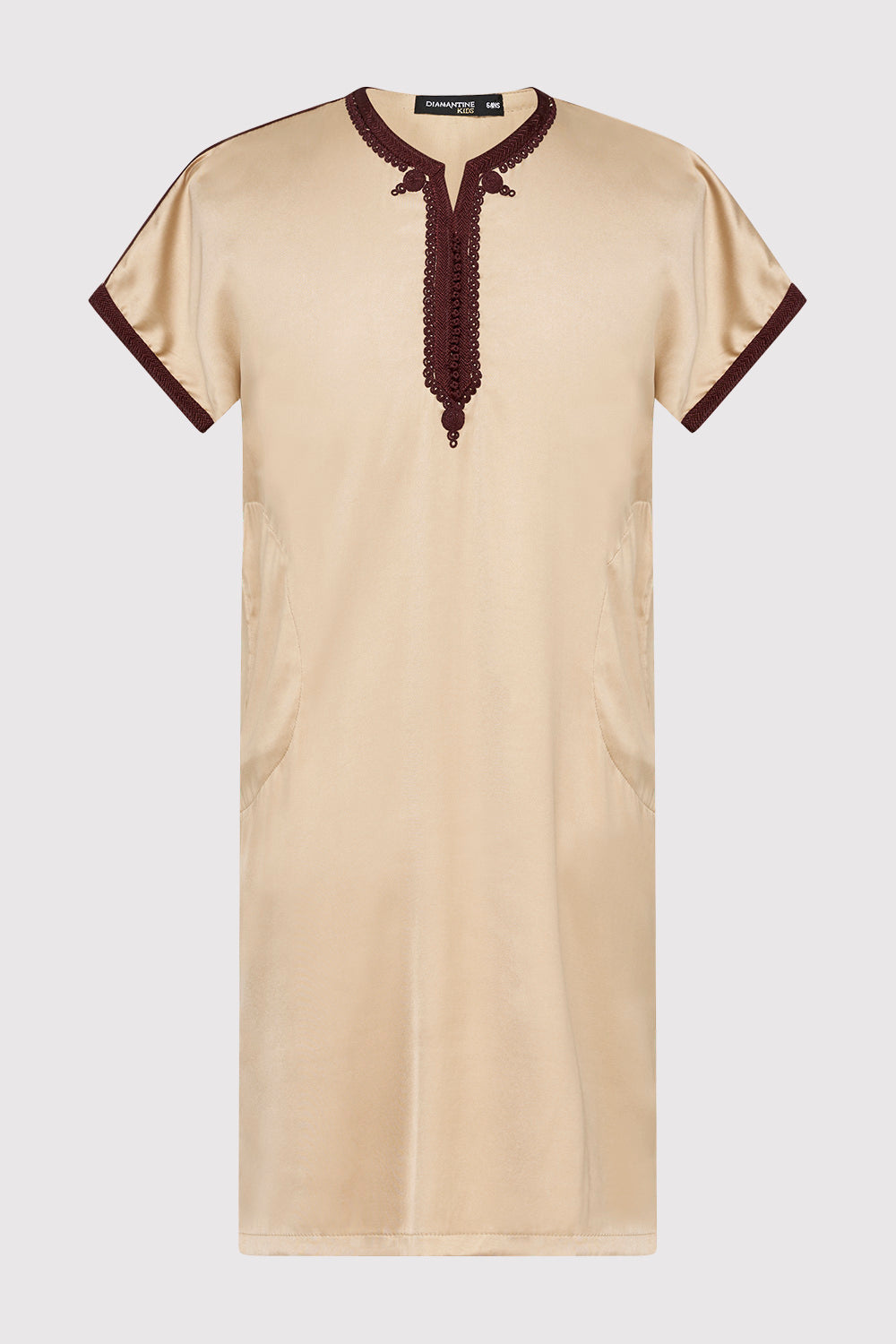 Gandoura Yahya Boy's Short Sleeve Embroidered Collarless Robe Thobe in Beige
