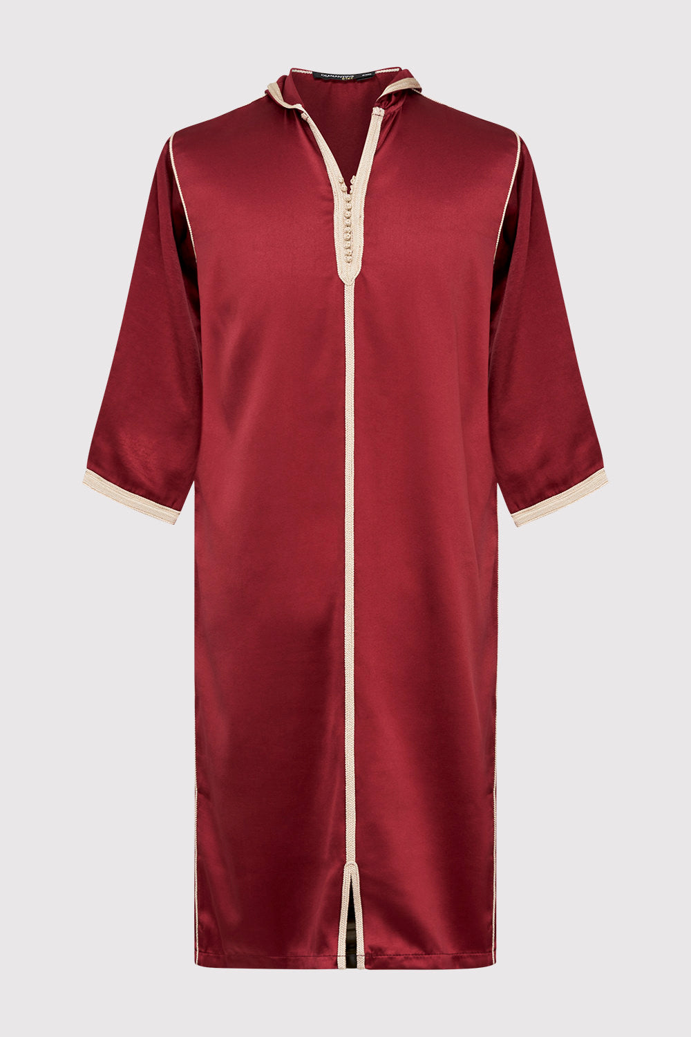 Djellaba Bakir Boy's Contrast Trim Cropped Sleeve Hooded Satin Robe Thobe in Maroon (2-12yrs)