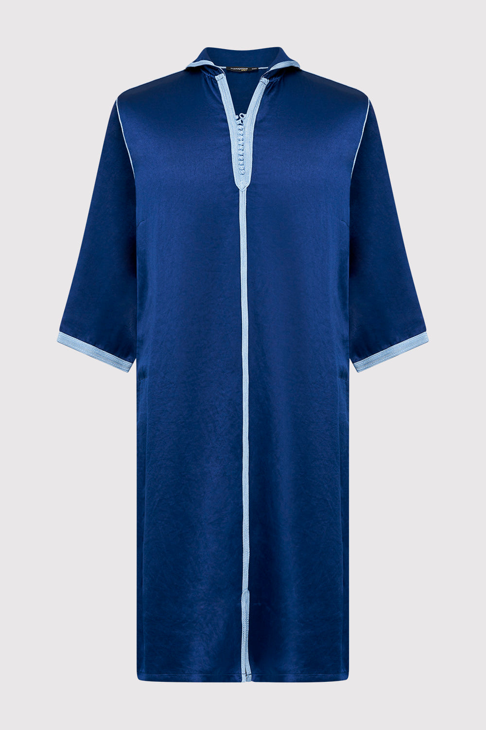 Djellaba Bakir Boy's Contrast Trim Cropped Sleeve Hooded Satin Robe Thobe in Navy Blue (2-12yrs)