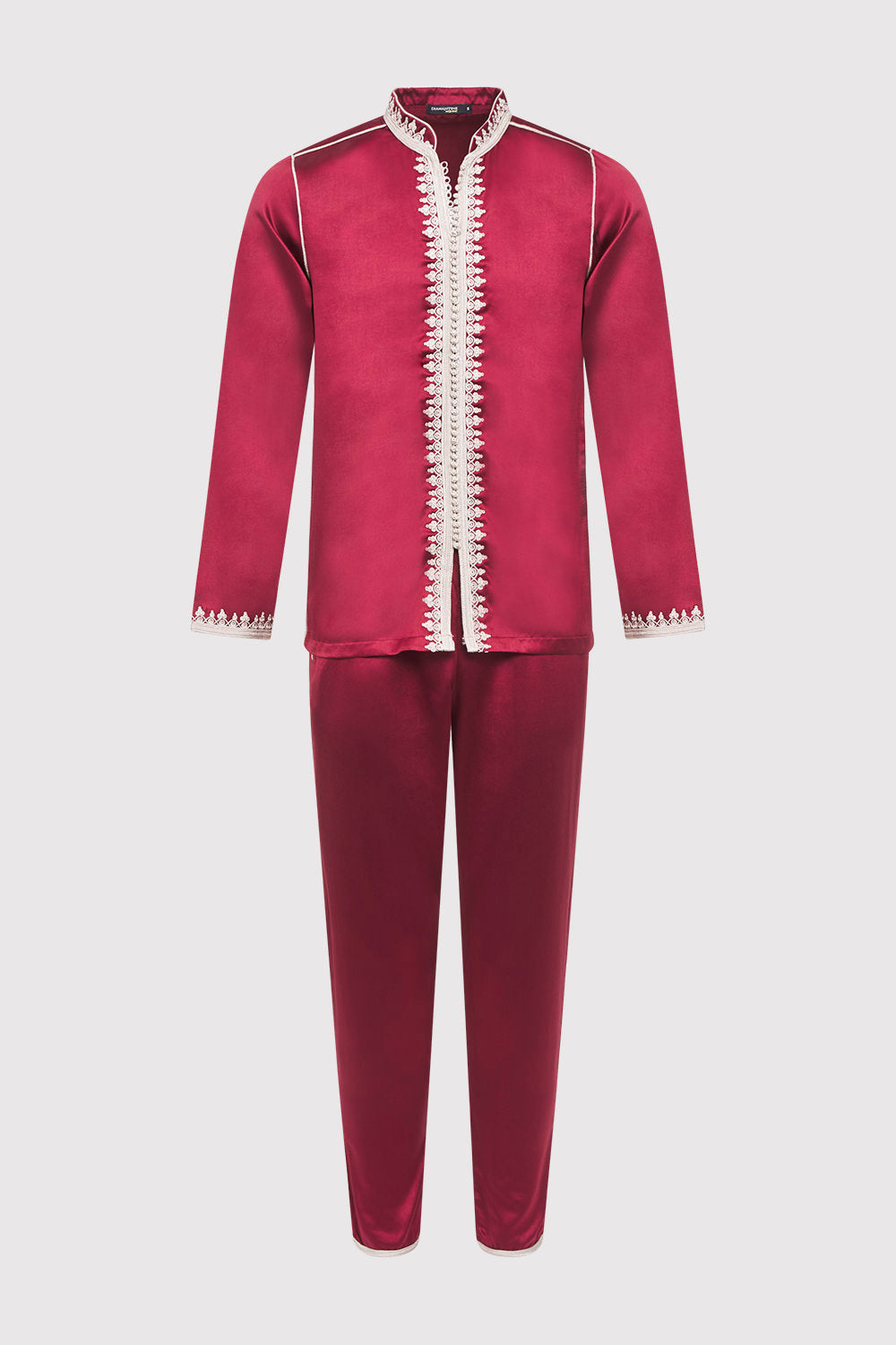 Jabador Riad Long Sleeve Tunic Top and Trouser Two-Piece Men's Satin Co-Ord Set in Burgundy
