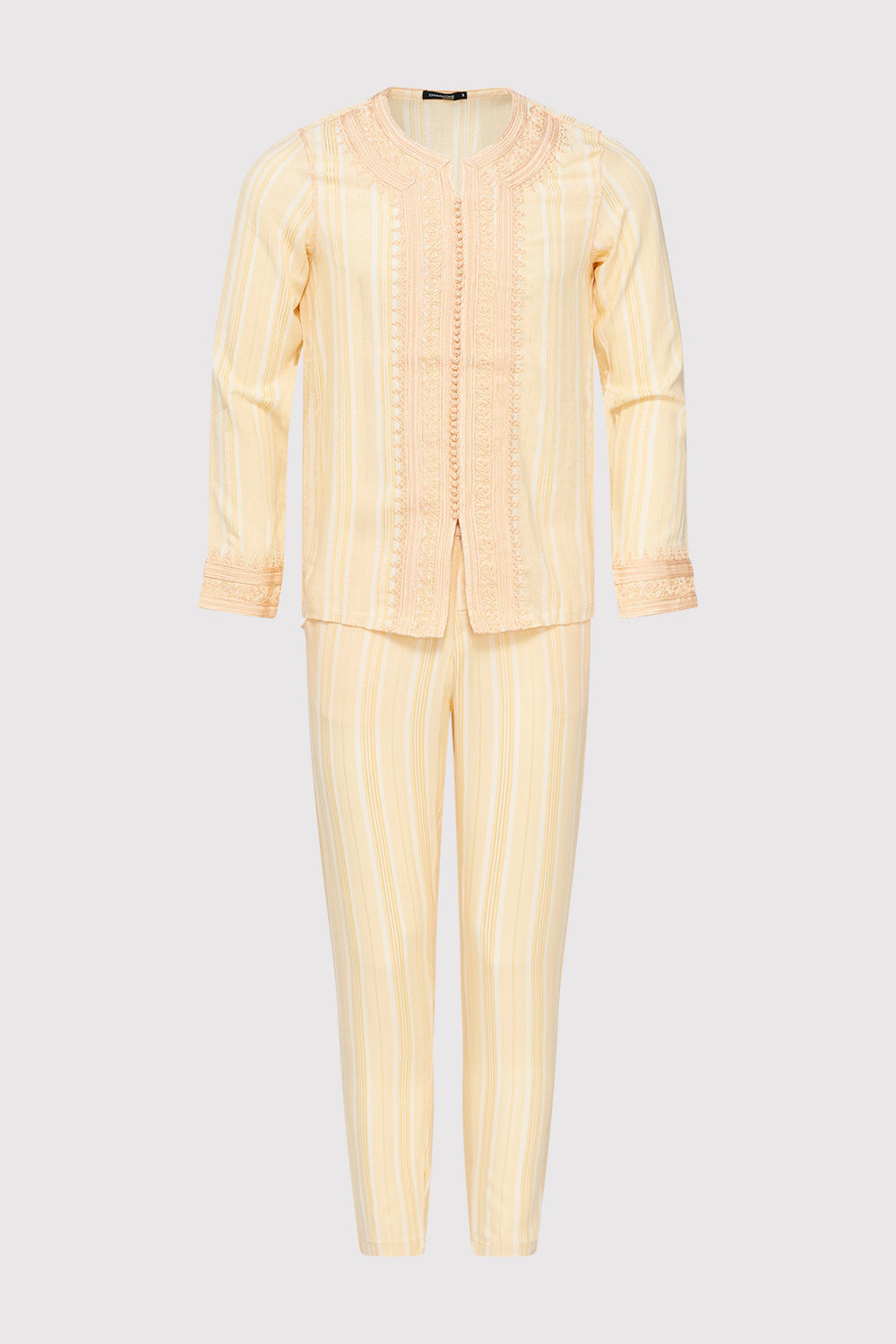 Jabador Nouh Embroidered Collarless Long Sleeve Tunic Top and Trousers Men's Co-Ord Set in Striped Beige