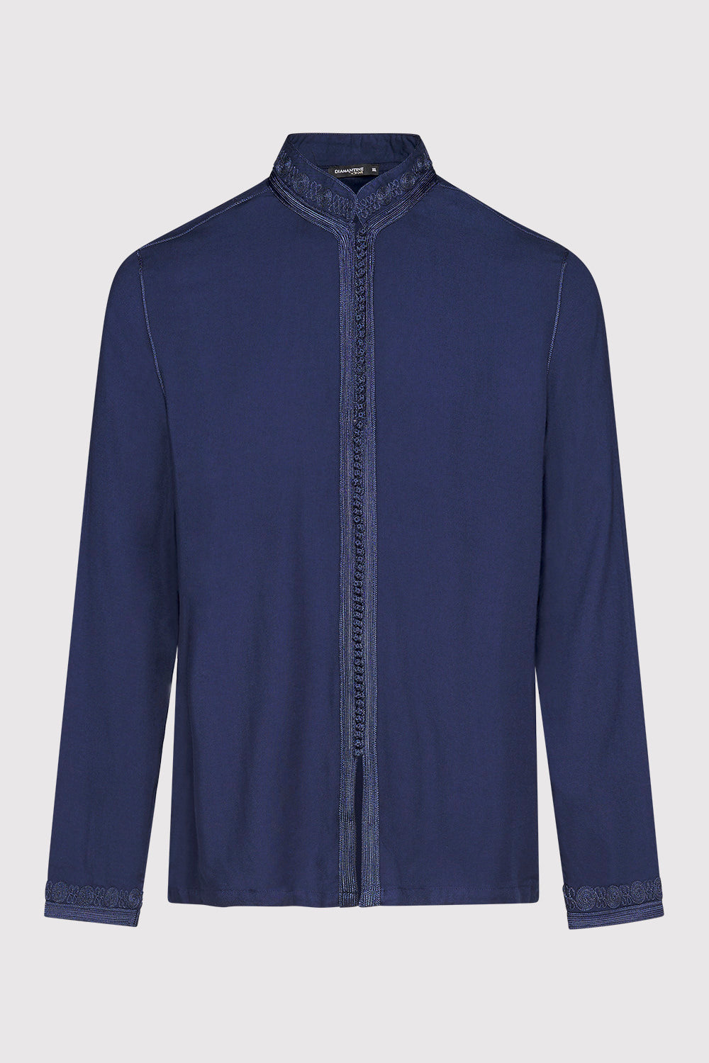Firass Long Sleeve Men's Button-Up Embroidered Tunic Shirt in Dark Blue