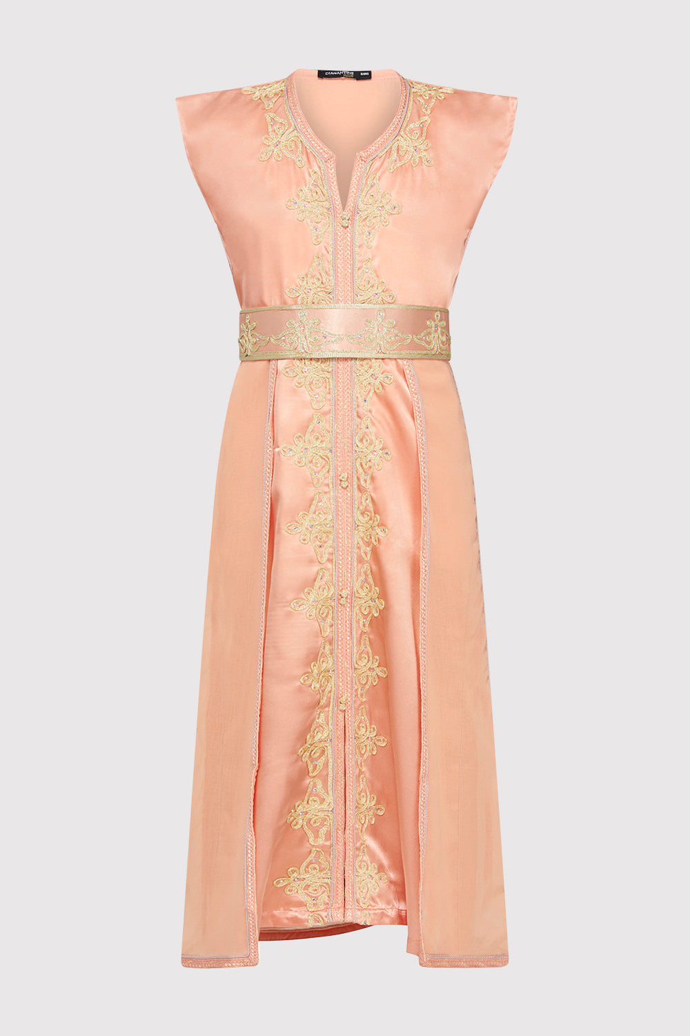 Kaftan Radia Girl's Embroidered Occasion Wear Party Sleeveless Dress and Waist Belt in Satin Salmon (2-12yrs)