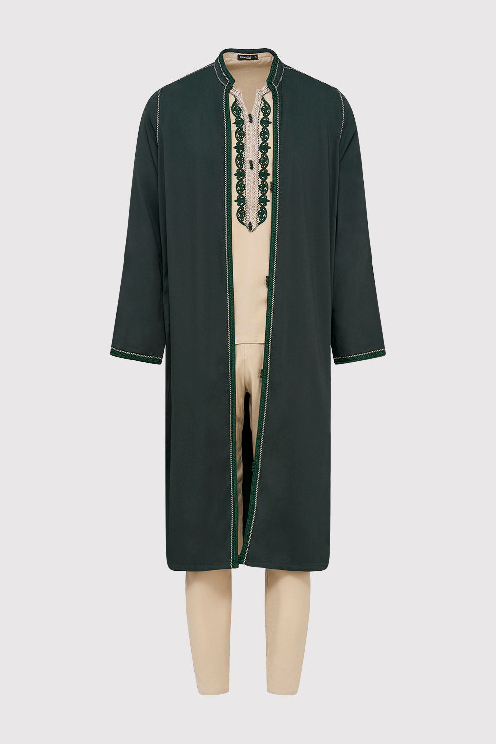 Jabador Assem Men's Tunic Top Longline Jacket and Trousers Embroidered Co-Ord Set in Green