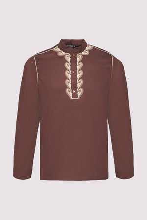 Radi Men's Long Sleeve Button-Up Embroidered Top with Stand Up Collar in Brown