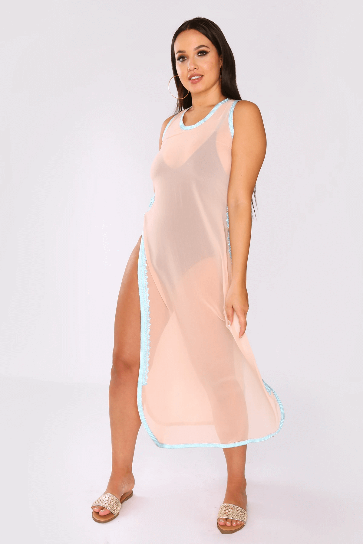 Ines High Slit High Neck Sheer Chiffon Cropped Maxi Dress Cover Up in Salmon