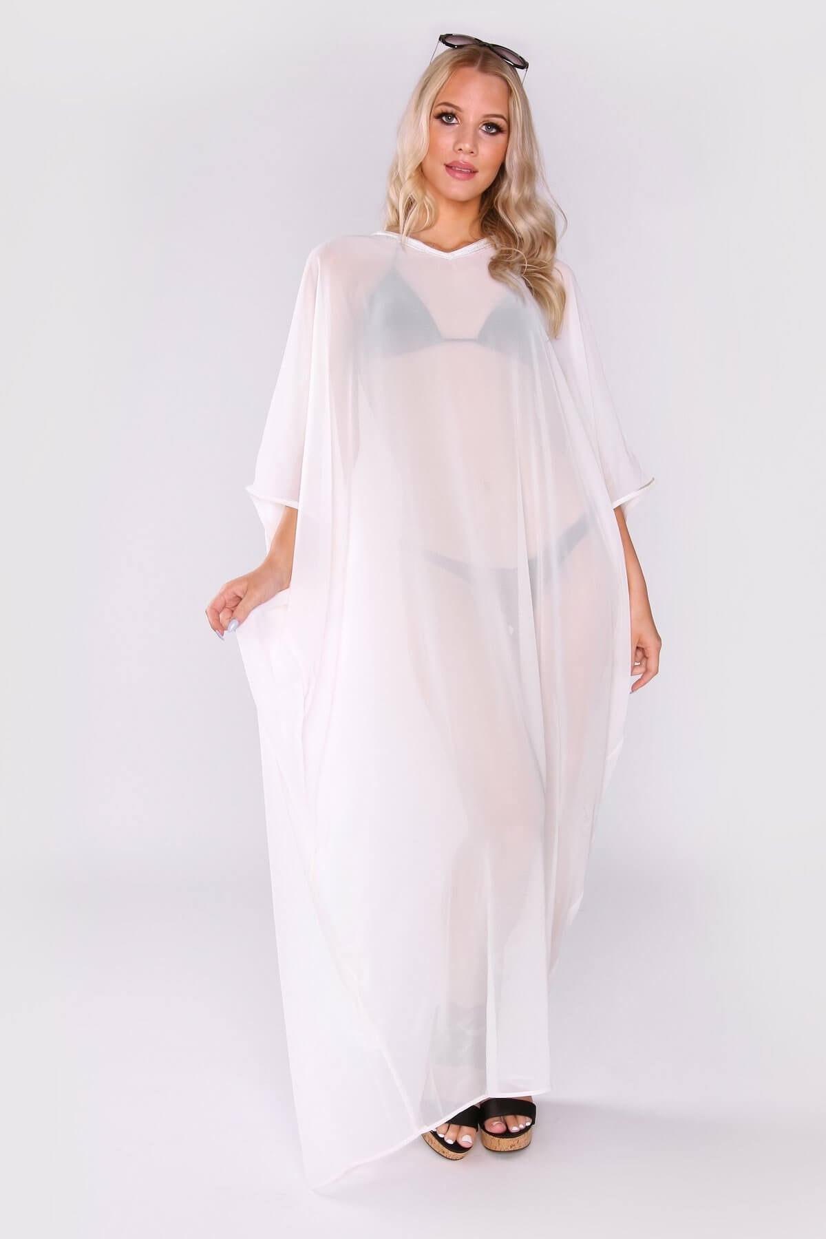 Kaftan Isalie Cropped Sleeve Sheer Long Maxi Dress Cover-up in White