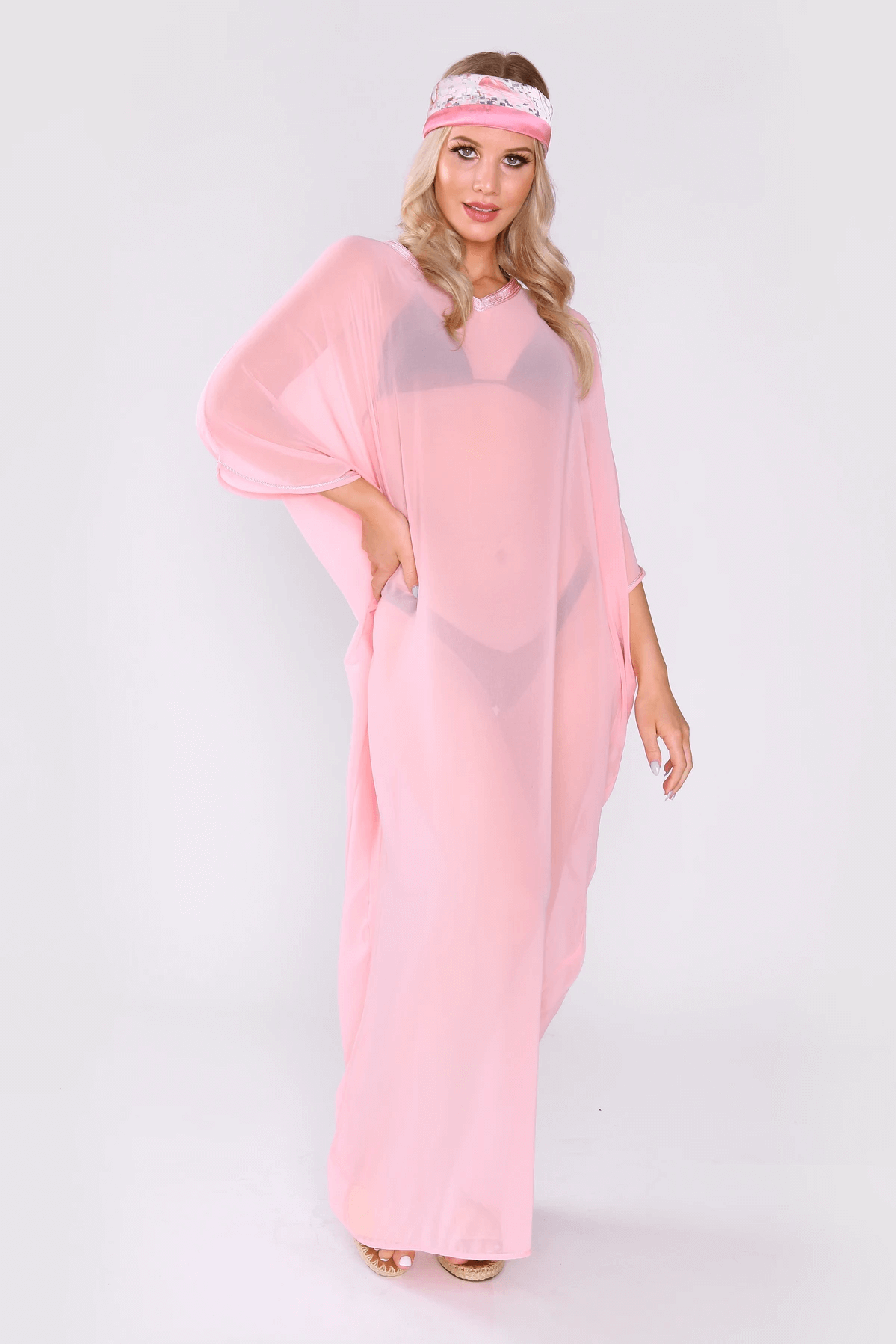 Kaftan Isalie Cropped Sleeve Sheer Long Maxi Dress Cover-up in Pink