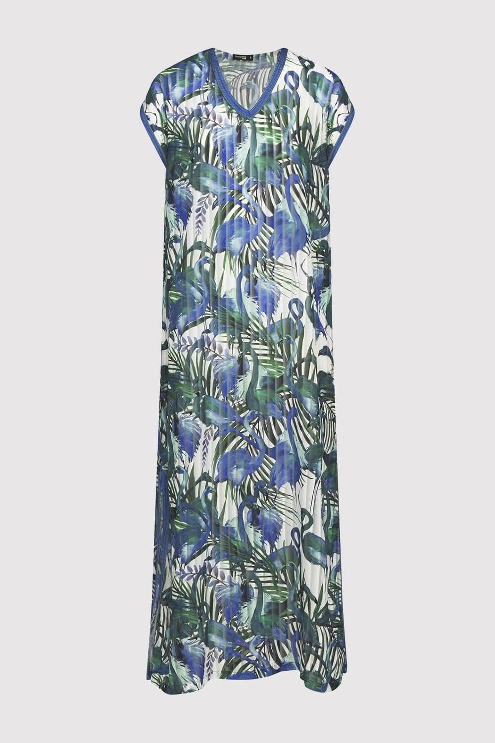 Kaftan Kellycia Short Sleeve V-Neck Cover-Up Maxi Dress in Blue and Green Print