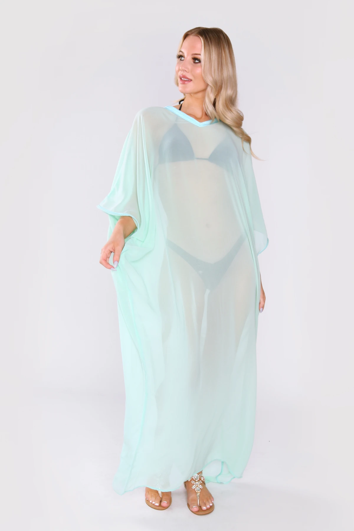 Kaftan Isalie Cropped Sleeve Sheer Long Maxi Dress Cover-up in Mint Green