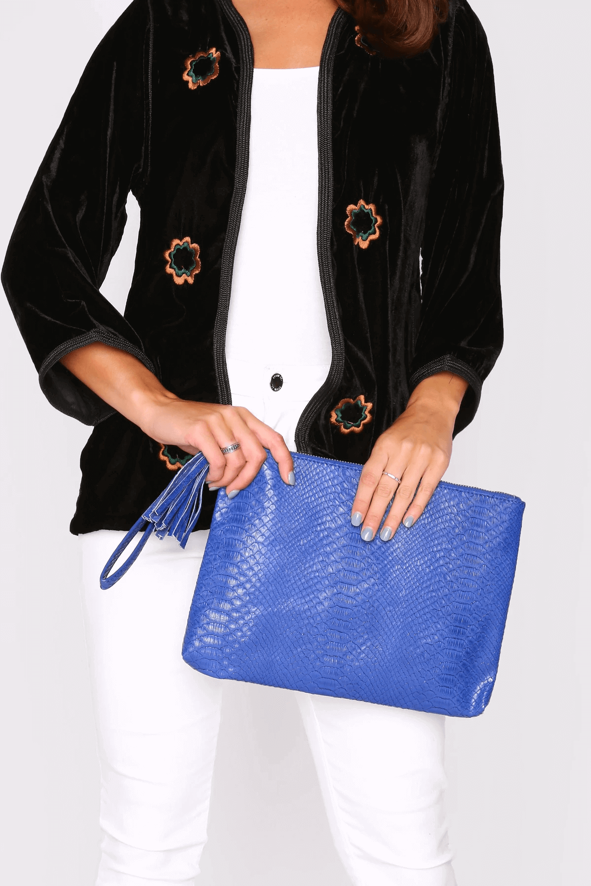 Americo Snake Print Wrist Strap Zipped Tassel Clutch Bag in Blue