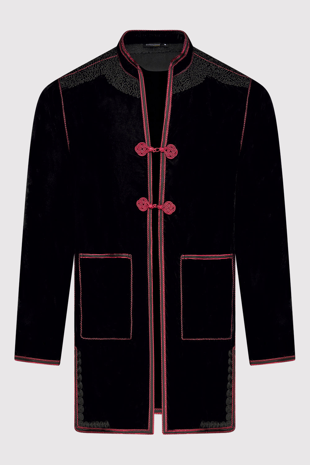 Opacto Men's Velour Longline Jacket in Black with Contrast Red Stitching