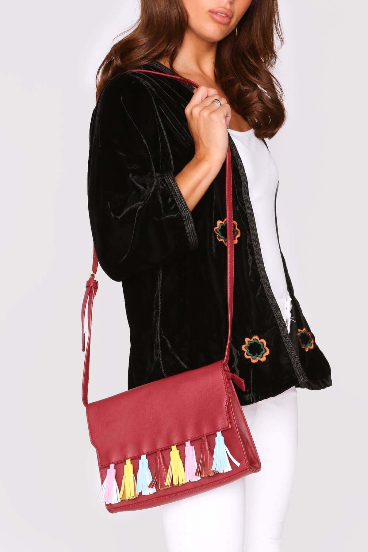 Avelino Faux Leather Cross Body Adjustable Strap Multi-Coloured Tassel Bag in Burgundy