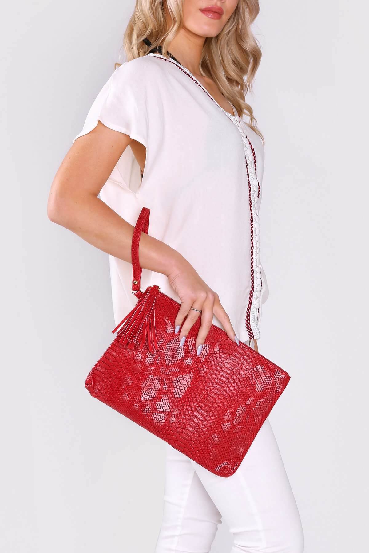 Americo Snake Print Wrist Strap Zipped Tassel Clutch Bag in Red