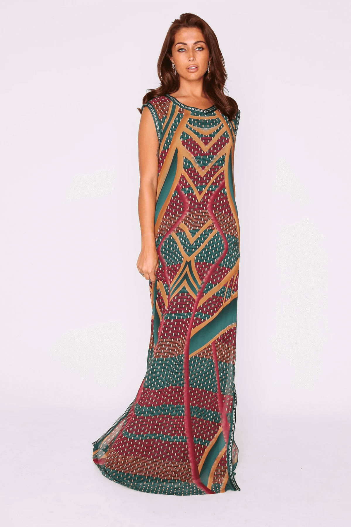 Lebssa Alia Sleeveless Full-Length Lightweight Maxi Dress in Green and Orange Print