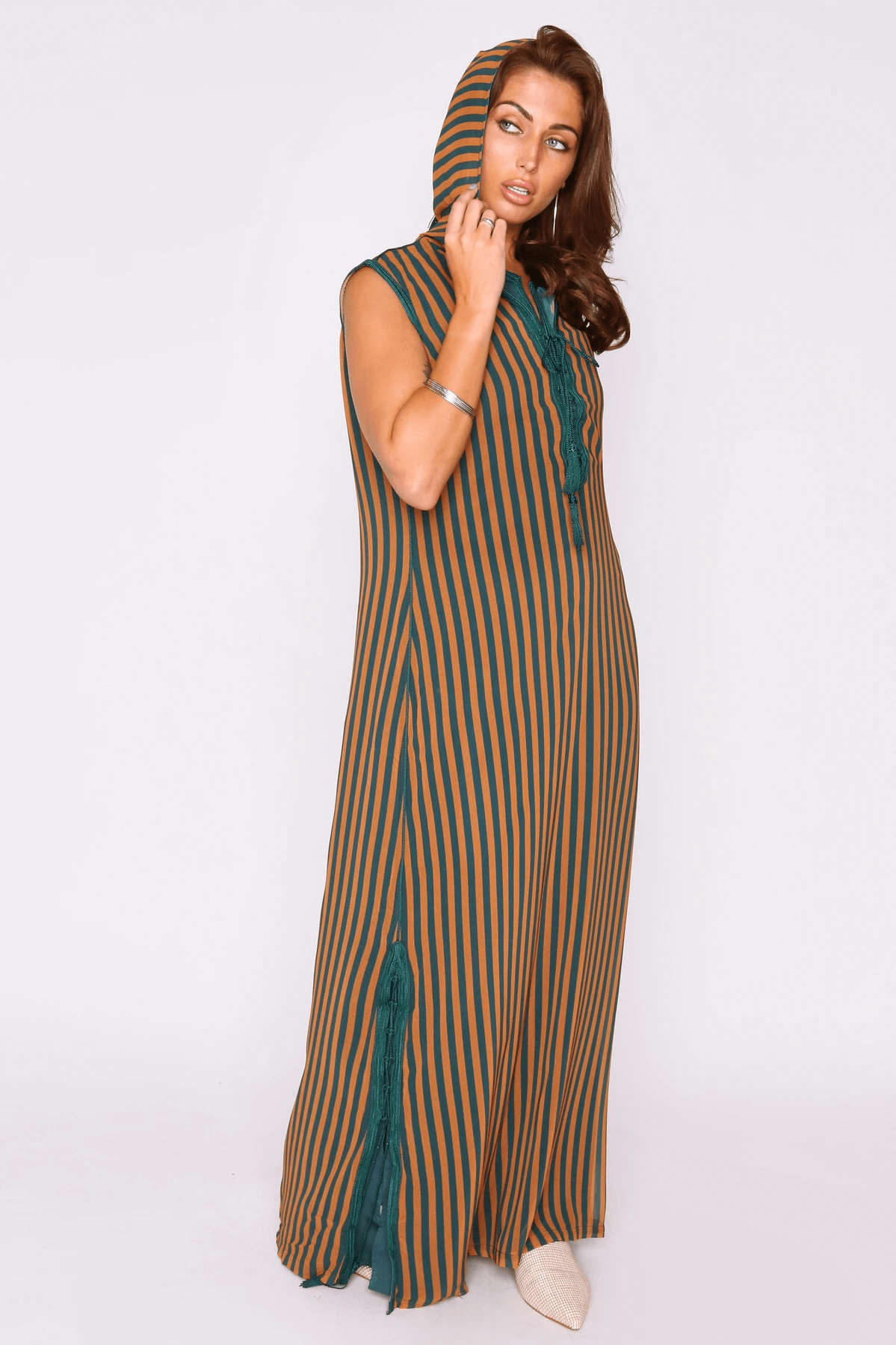 Djellaba Roxane Sleeveless Side Slits Hooded Maxi Dress in Green and Orange Stripes
