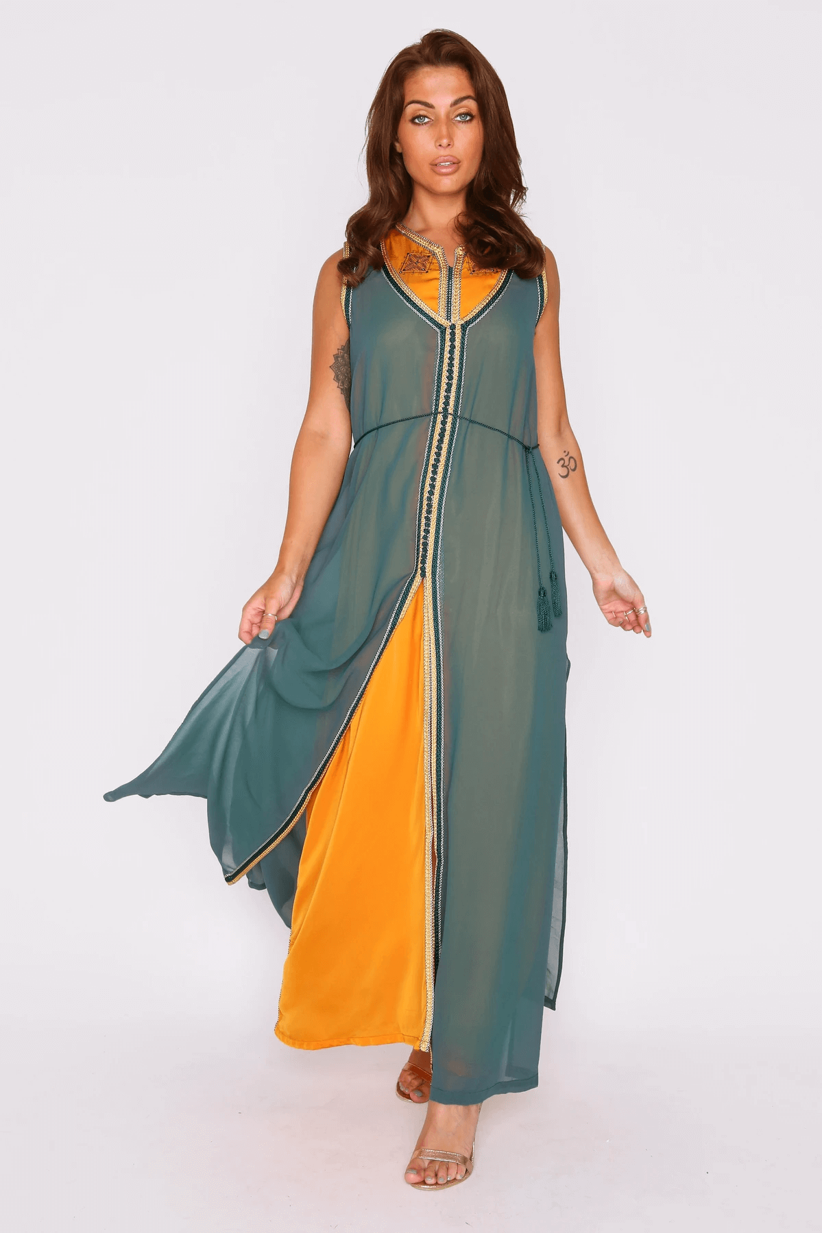Kaftan Sirina Sleeveless Layered Maxi Dress with Rope Belt in Green and Yellow Gold