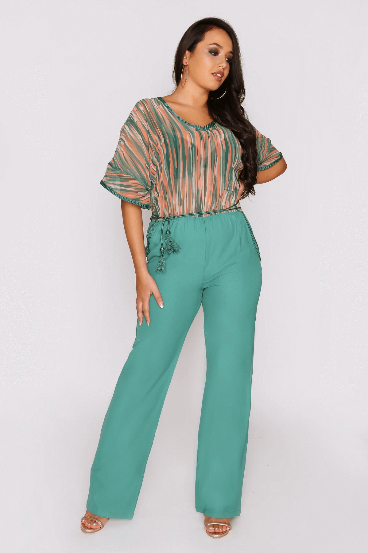 Auxence Elastic Waist Short Sleeve Print Contrast Jumpsuit and Rope Belt in Green and Brick Red
