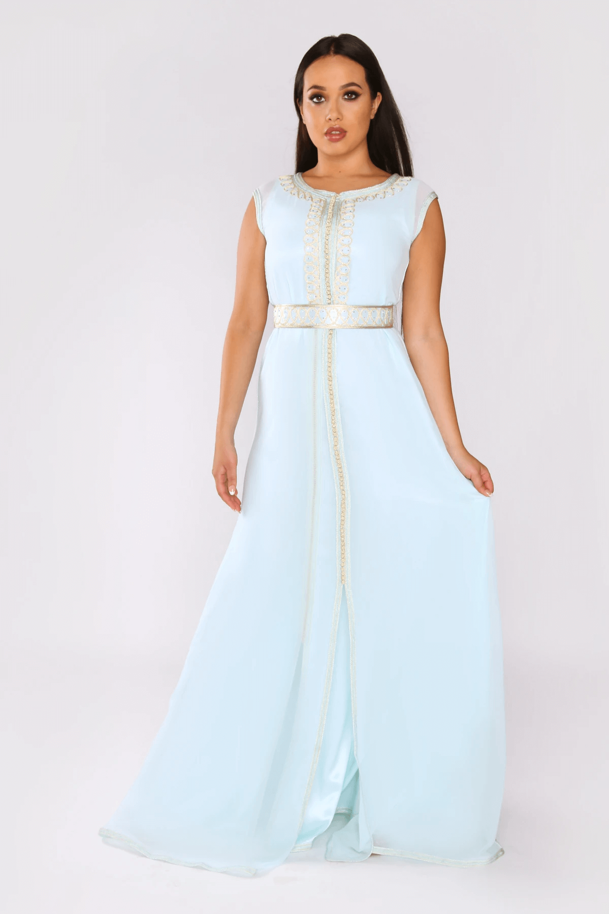 Lebssa Lamis Embroidered Sleeveless High Neck Occasion Wear Maxi Dress and Belt in Blue