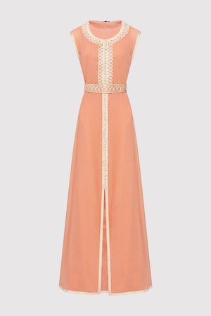 Lebssa Lamis Embroidered Sleeveless High Neck Occasion Wear Maxi Dress and Belt in Salmon