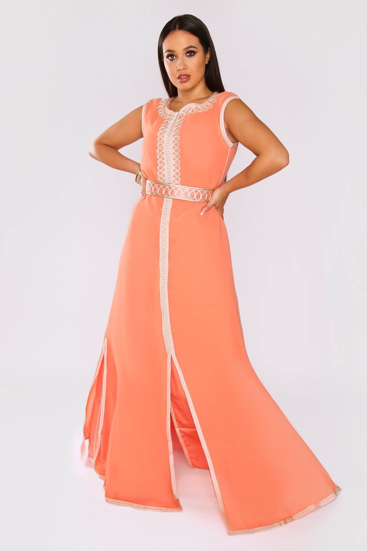 Lebssa Lamis Embroidered Sleeveless High Neck Occasion Wear Maxi Dress and Belt in Salmon