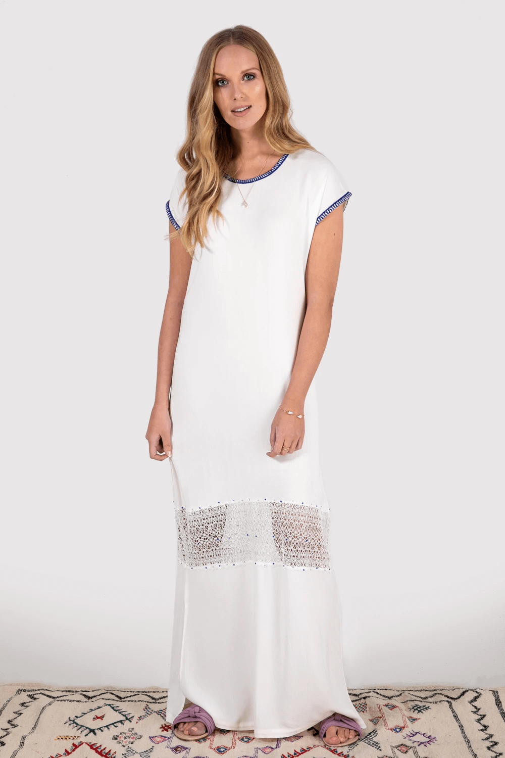 Kaftan Lovely Short Sleeve Contrast Trim Sheer Panel Maxi Dress in White