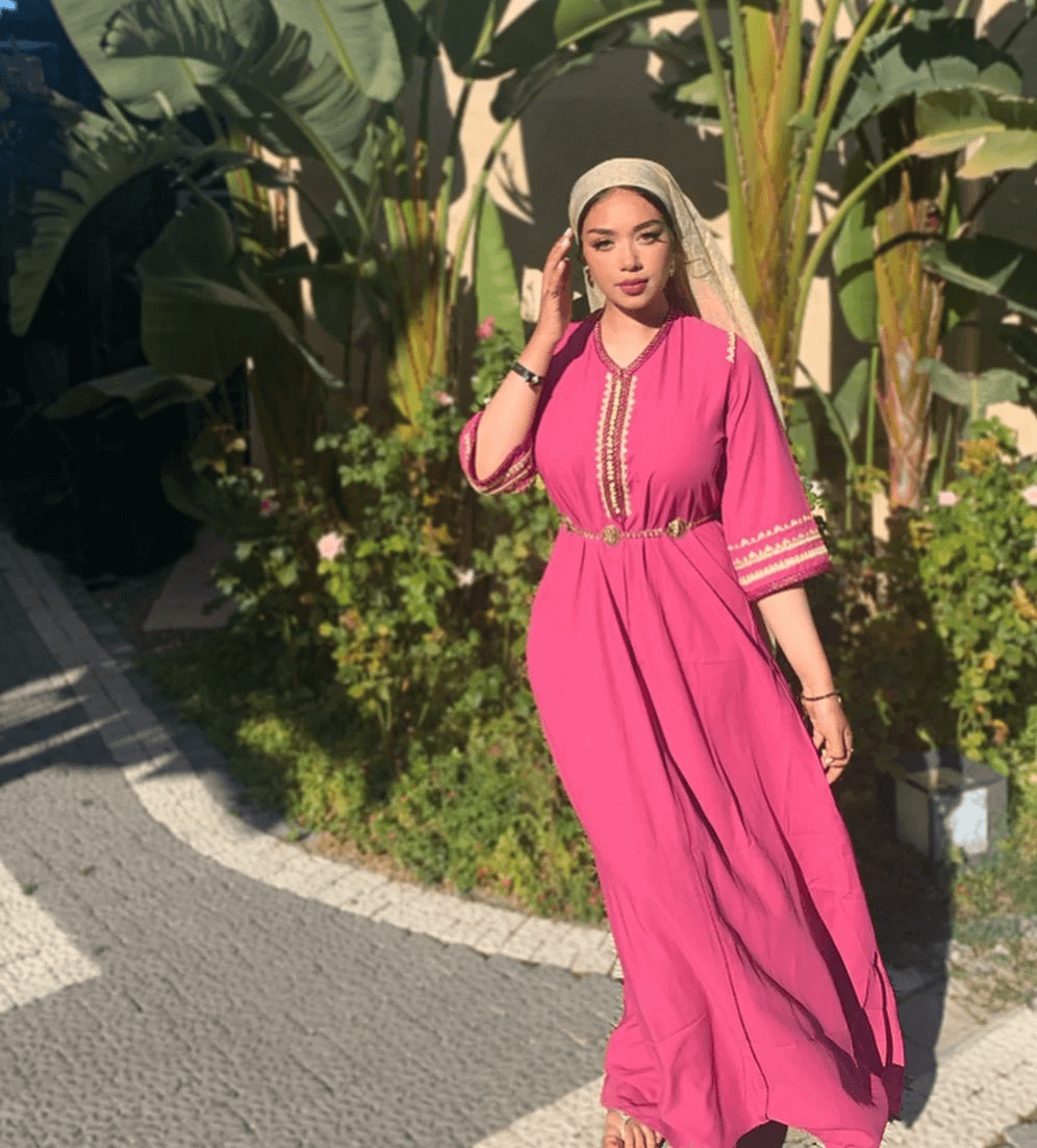 Lebssa Lucrece Occasion Wear Cropped Sleeve Full-Length Evening Dress with Belt inåÊFuschia Pink
