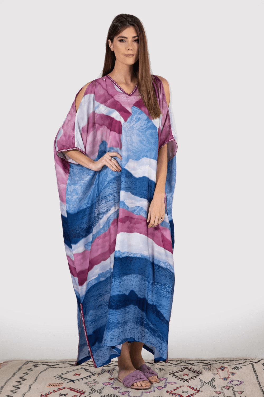 Kaftan Yolanda Cold Shoulder Cropped Sleeve V-Neck Maxi Dress in Blue and Fuschia Print