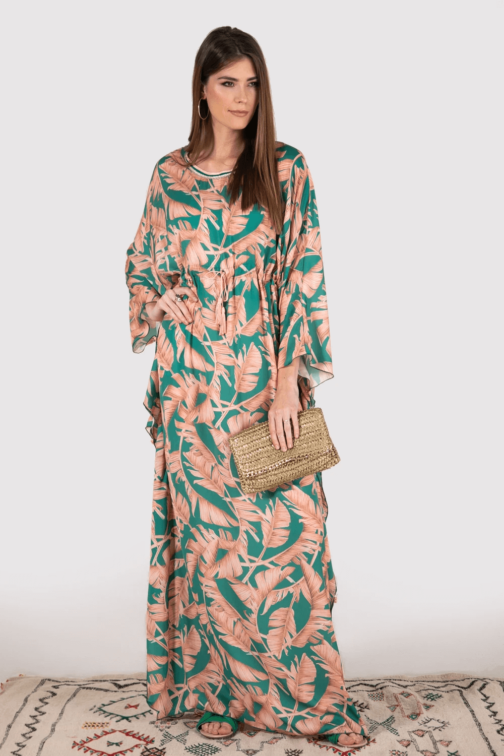 Kaftan Tarzana Adjustable Waist Long Flute Sleeve Maxi Dress in Salmon and Green Print