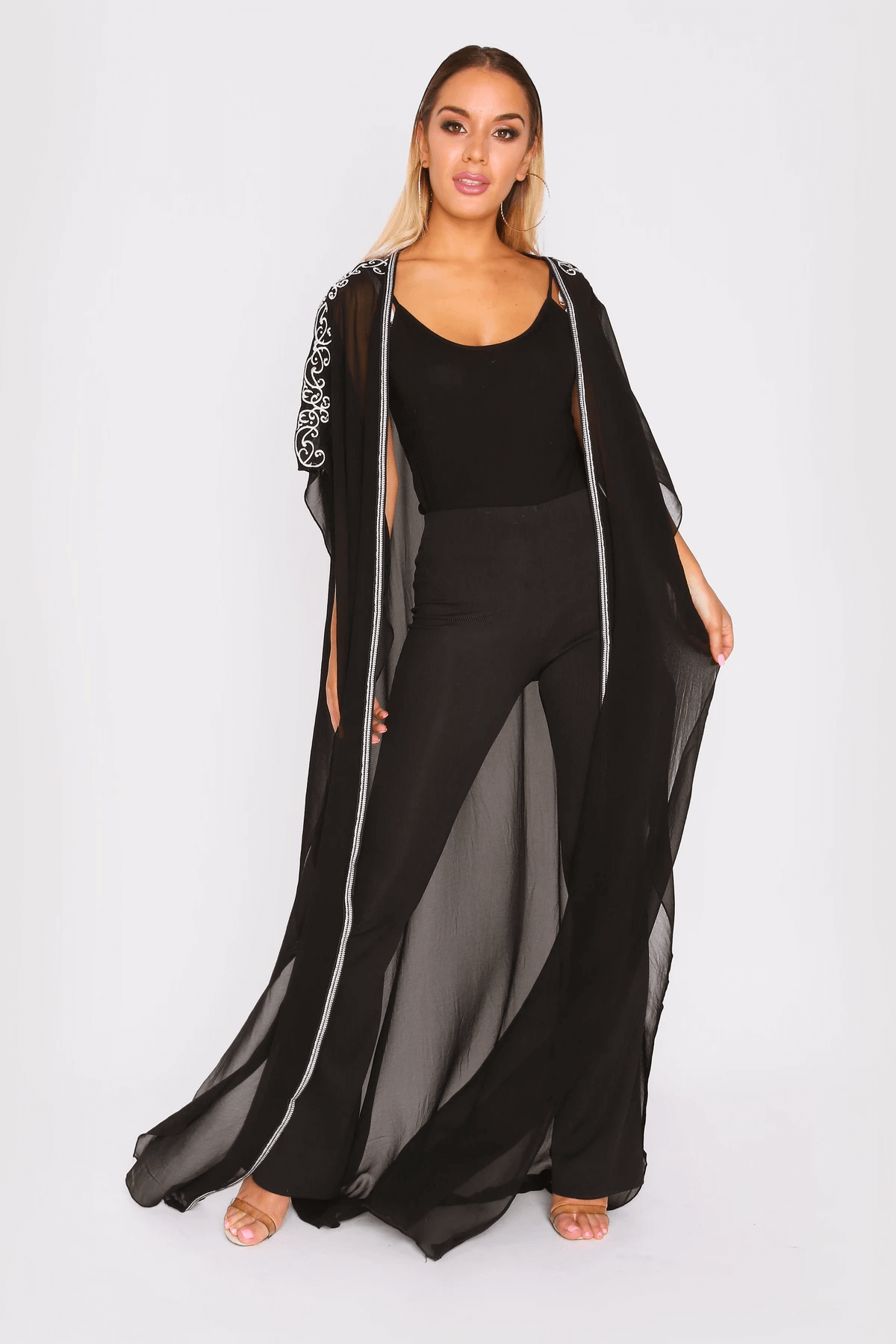 Selham Aurora Embroidered Shoulder Short Sleeve Kimono Cape Duster Jacket in Black