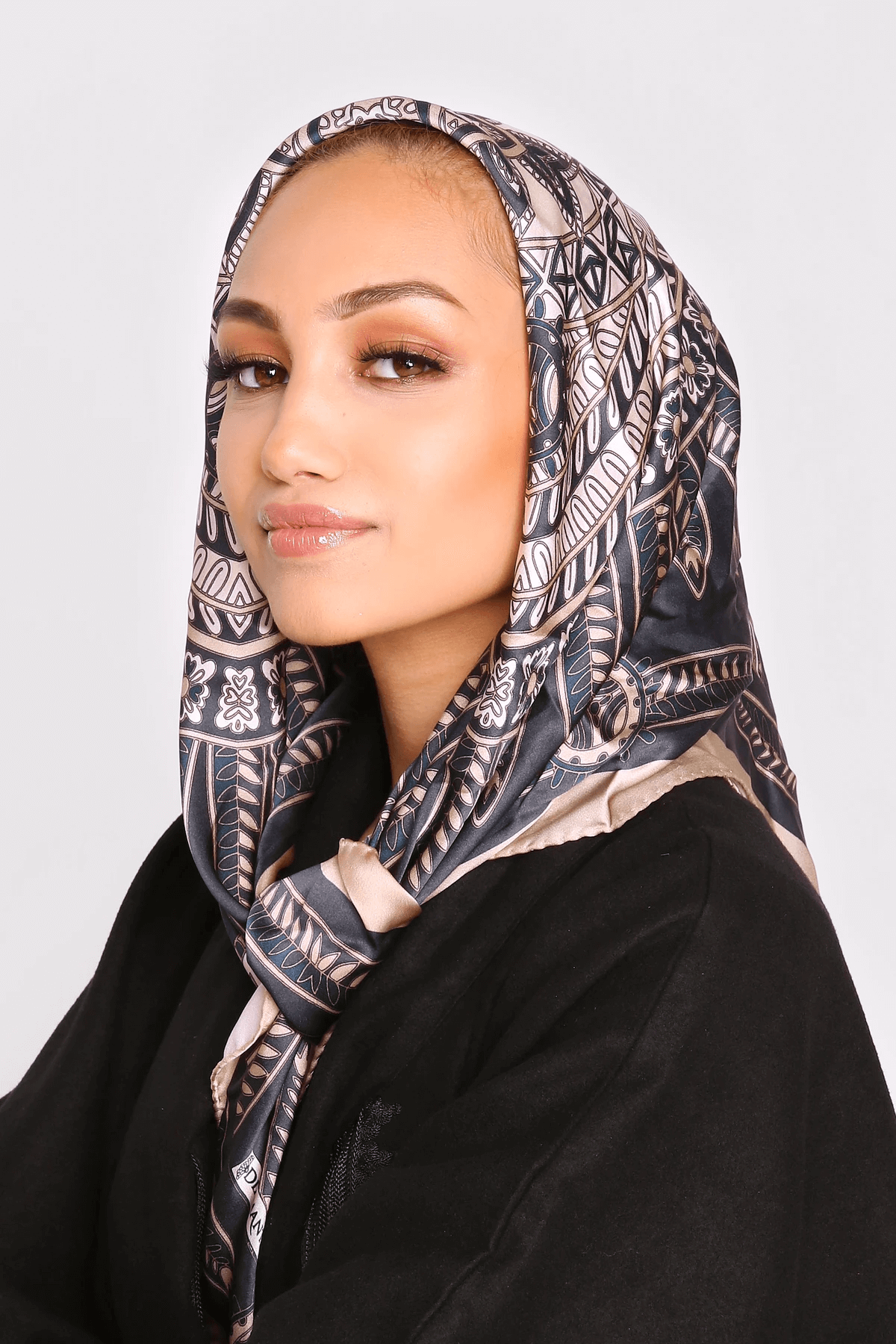 Silk Satin Scarf in Blue & Beige Print