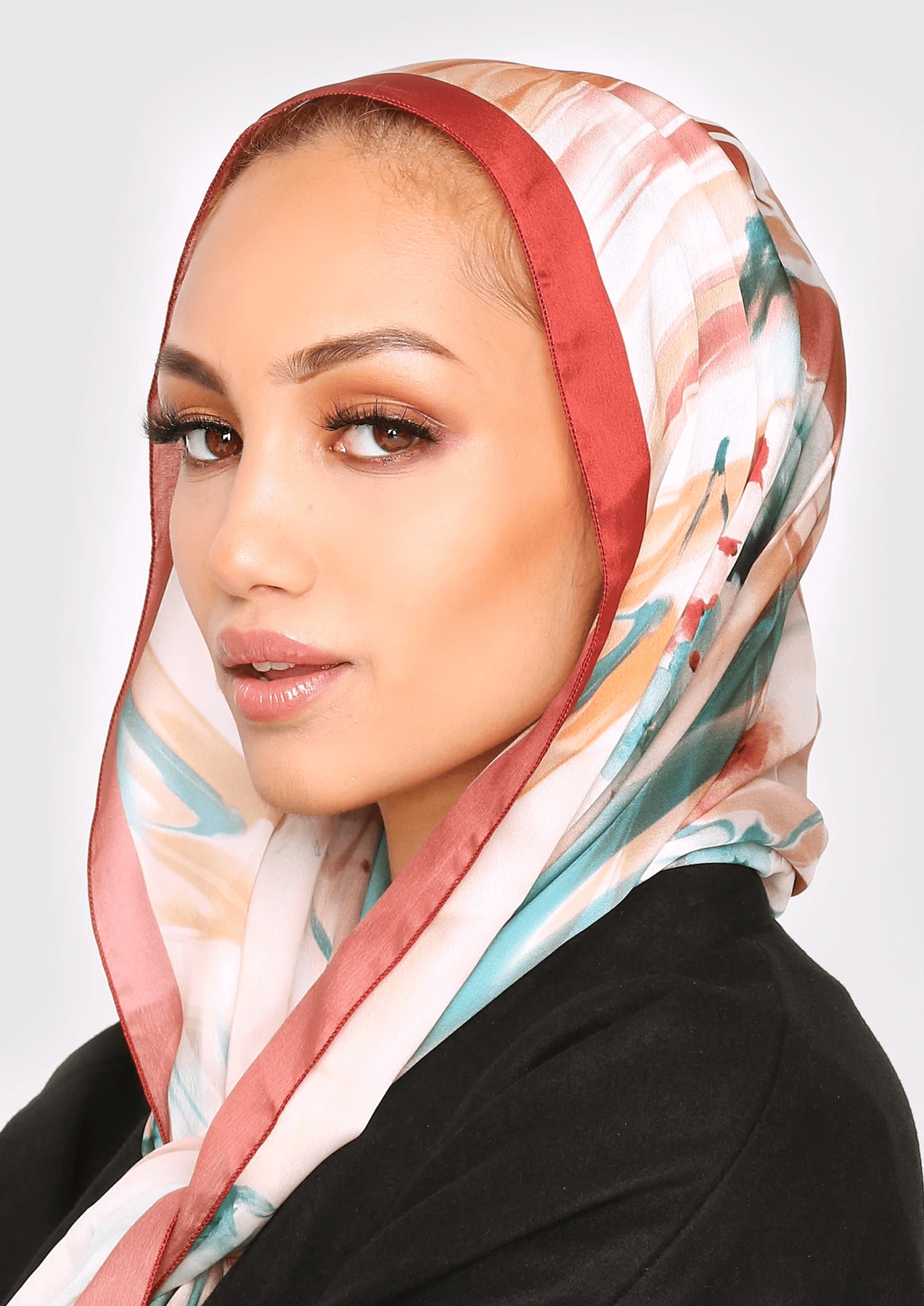 Silk Satin Scarf in Red & Mustard Print