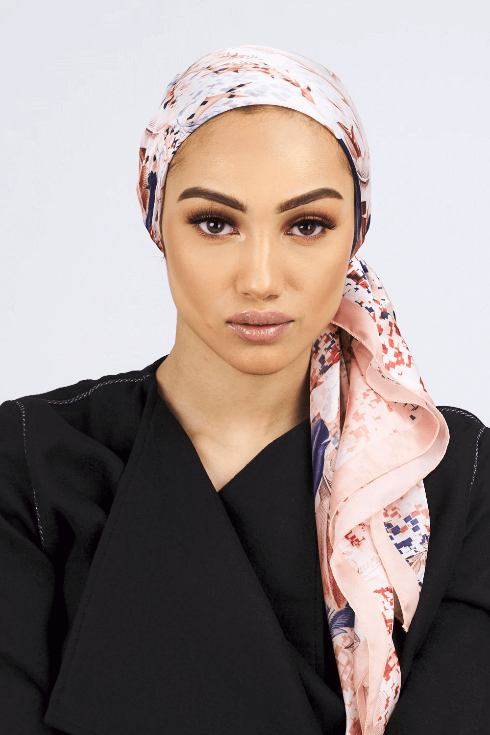 Silk Satin Scarf in Salmon & Purple Print
