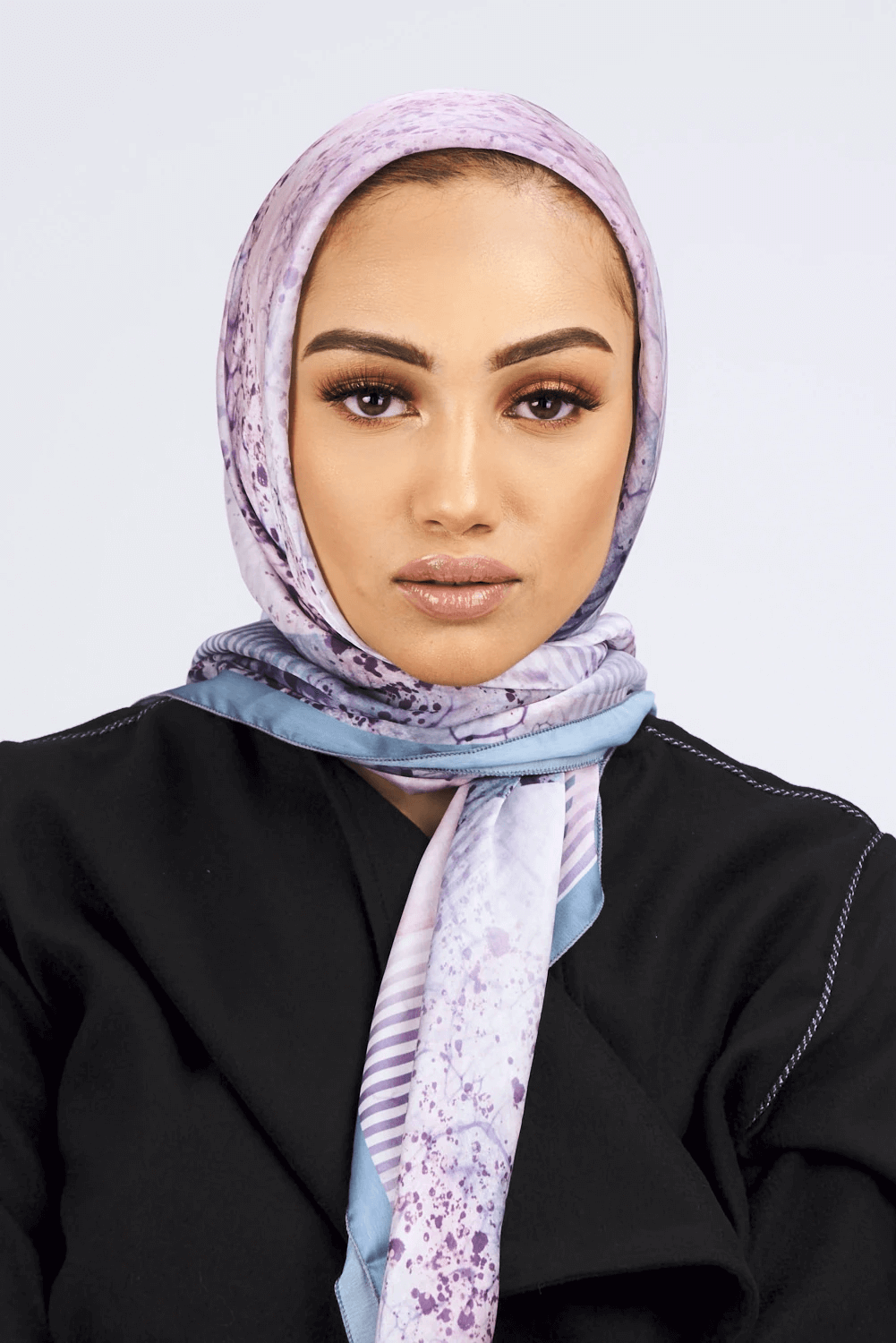 Silk Satin Scarf in Purple & Blue Print