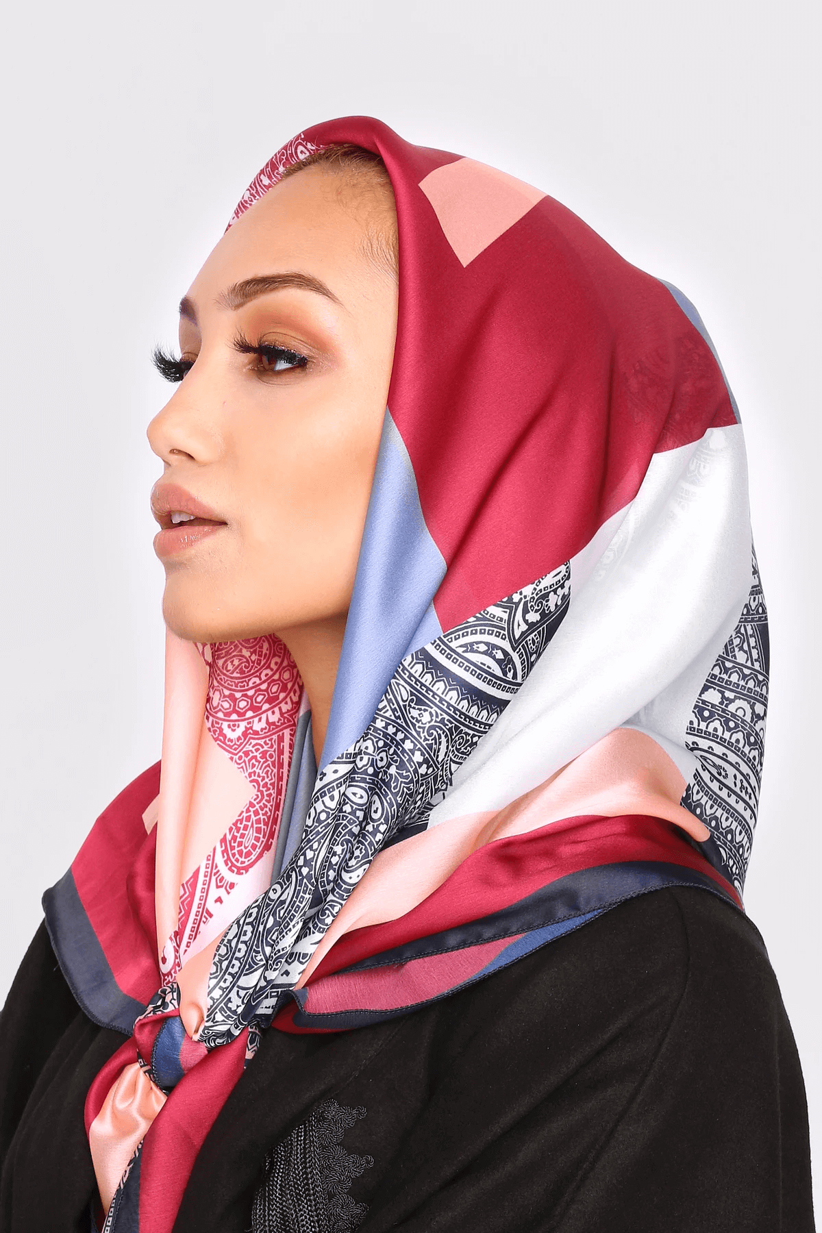 Silk Satin Scarf in Blue & Burgundy Print