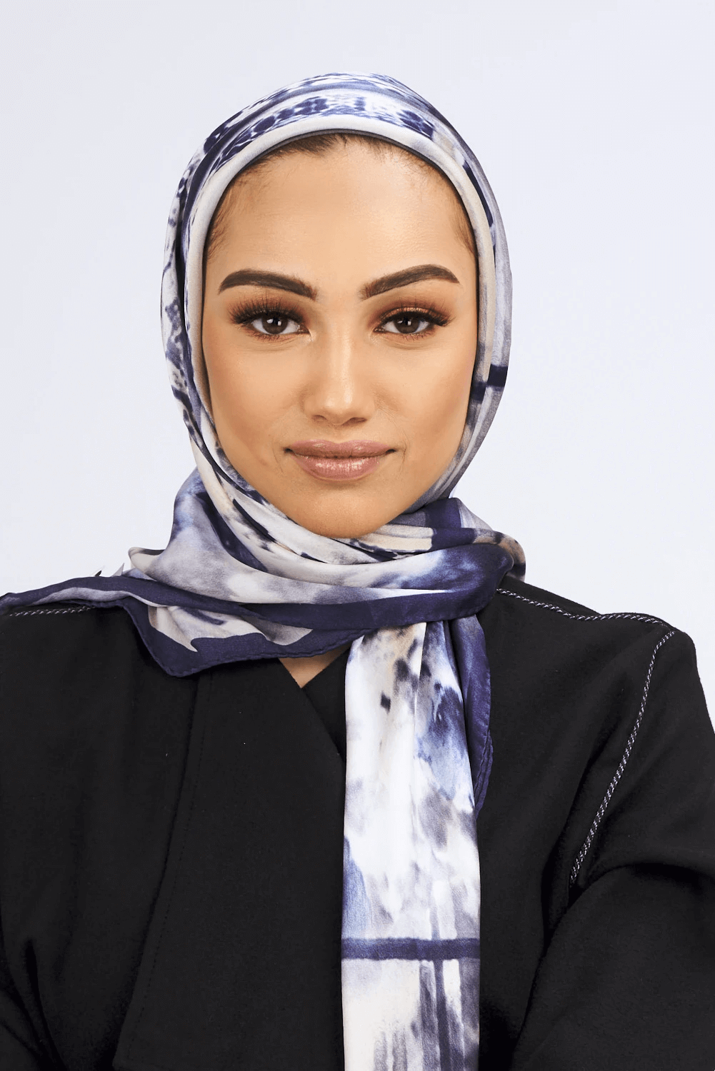Silk Satin Scarf in Blue & White Print