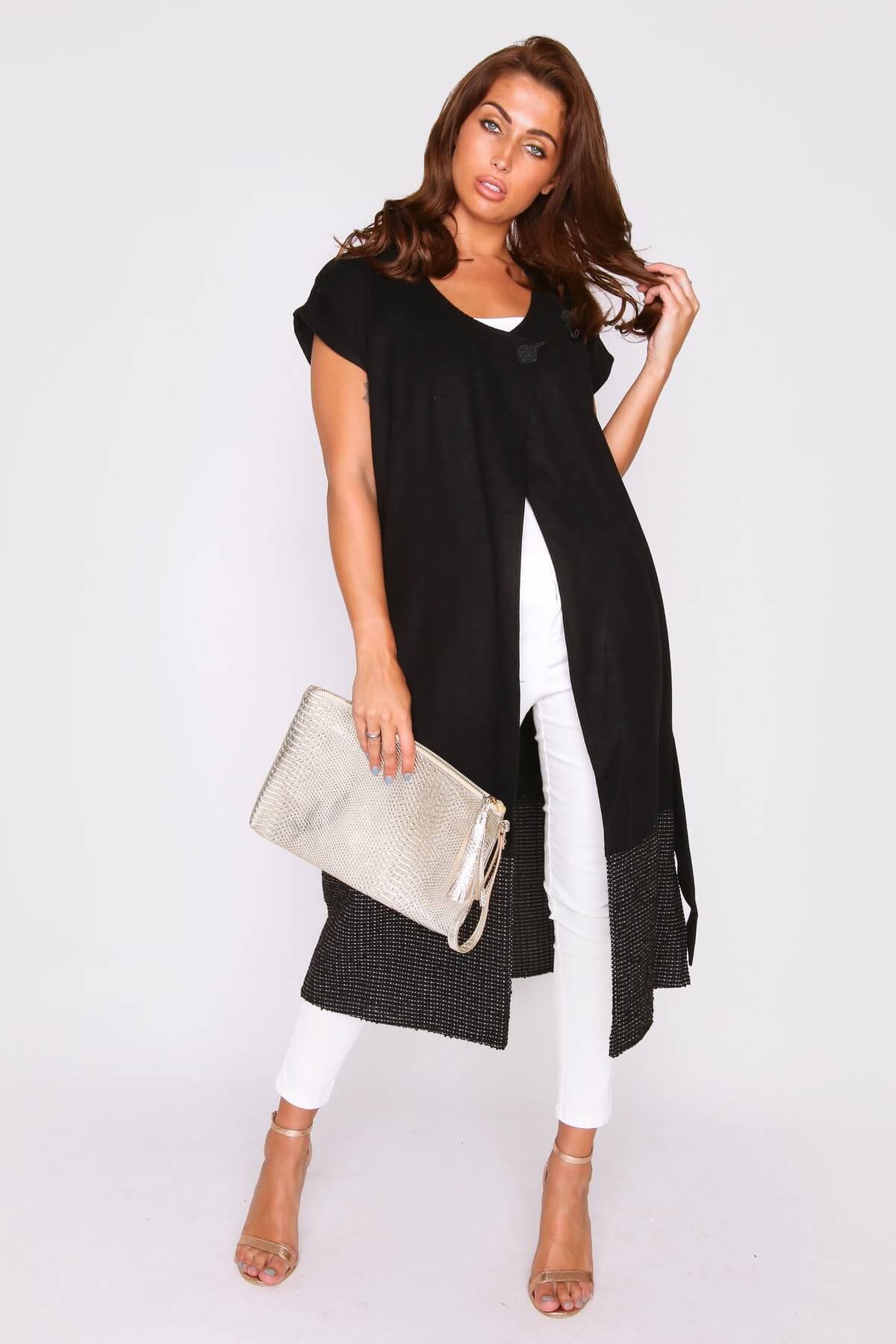 Fidelma Short Sleeve Longline Midi Single Fasten Jacket in Black