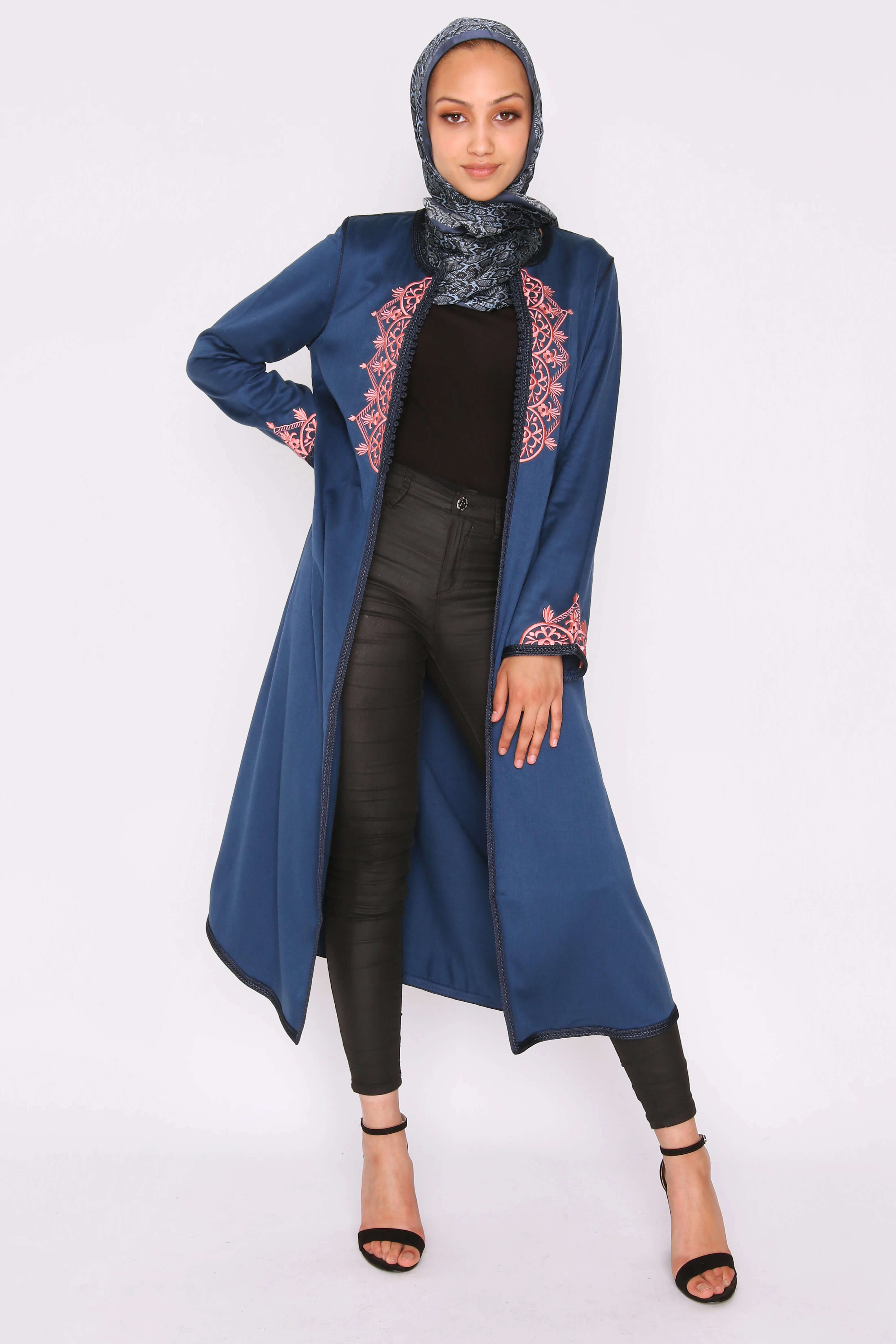 Jawahir Longline Satin Contrast Embroidered Collarless Midi Evening Jacket in Deep Blue