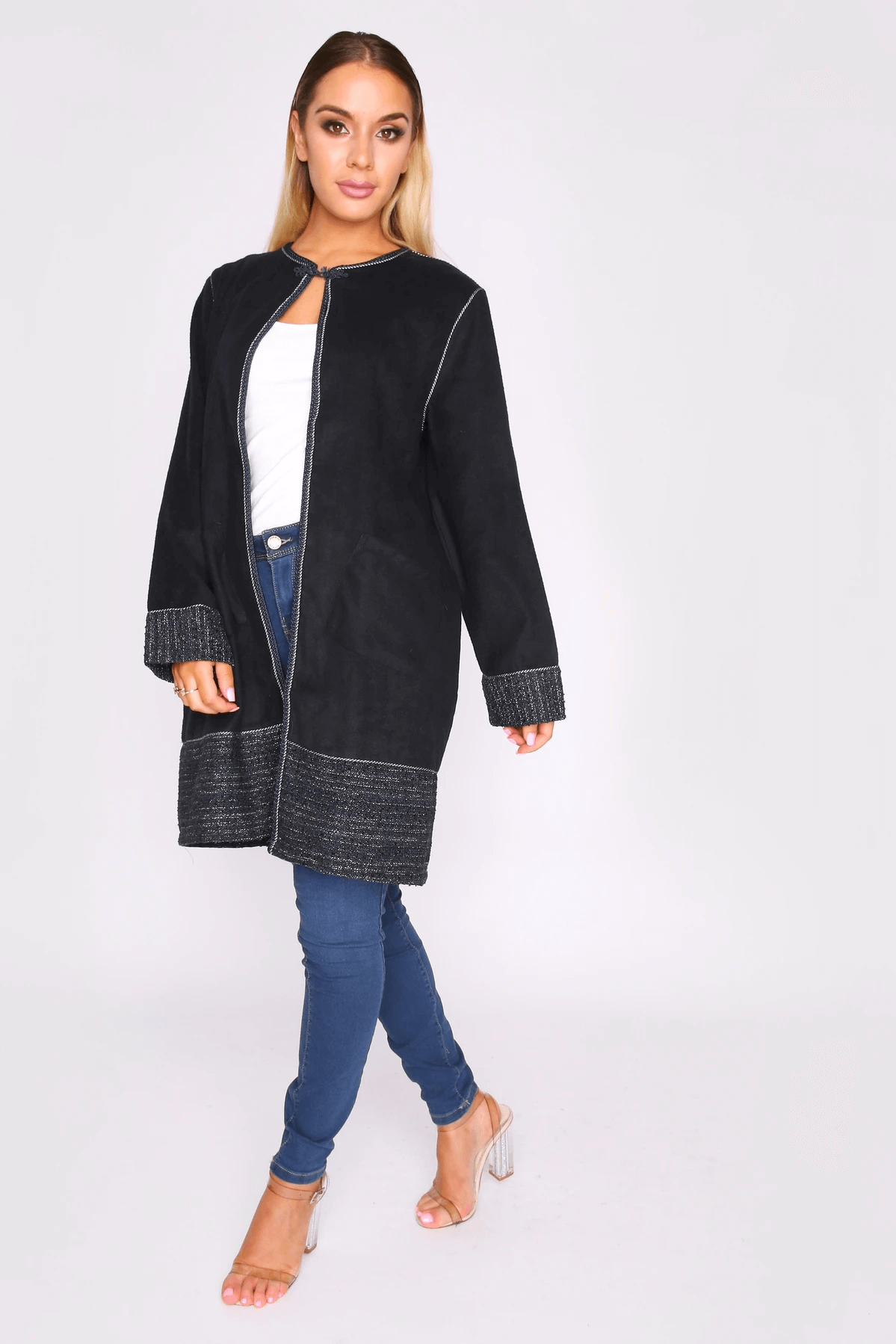Tilla Longline Midi Collarless Single Fasten Jacket with Tweed Panelling in Reflecting Pond Blue