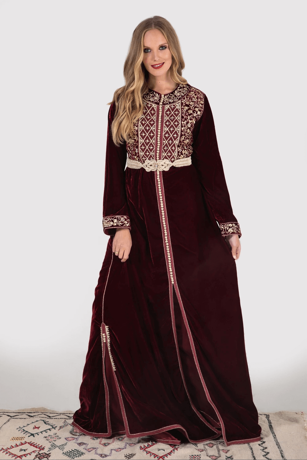 Lebssa Hilda Metallic Embroidered Occasion Wear Long Sleeve Dress and Belt in Rhubarb