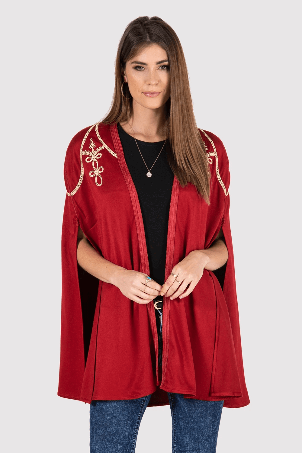 Cleopatre Embroidered Shoulder Longline Cape Jacket in Red Dahlia