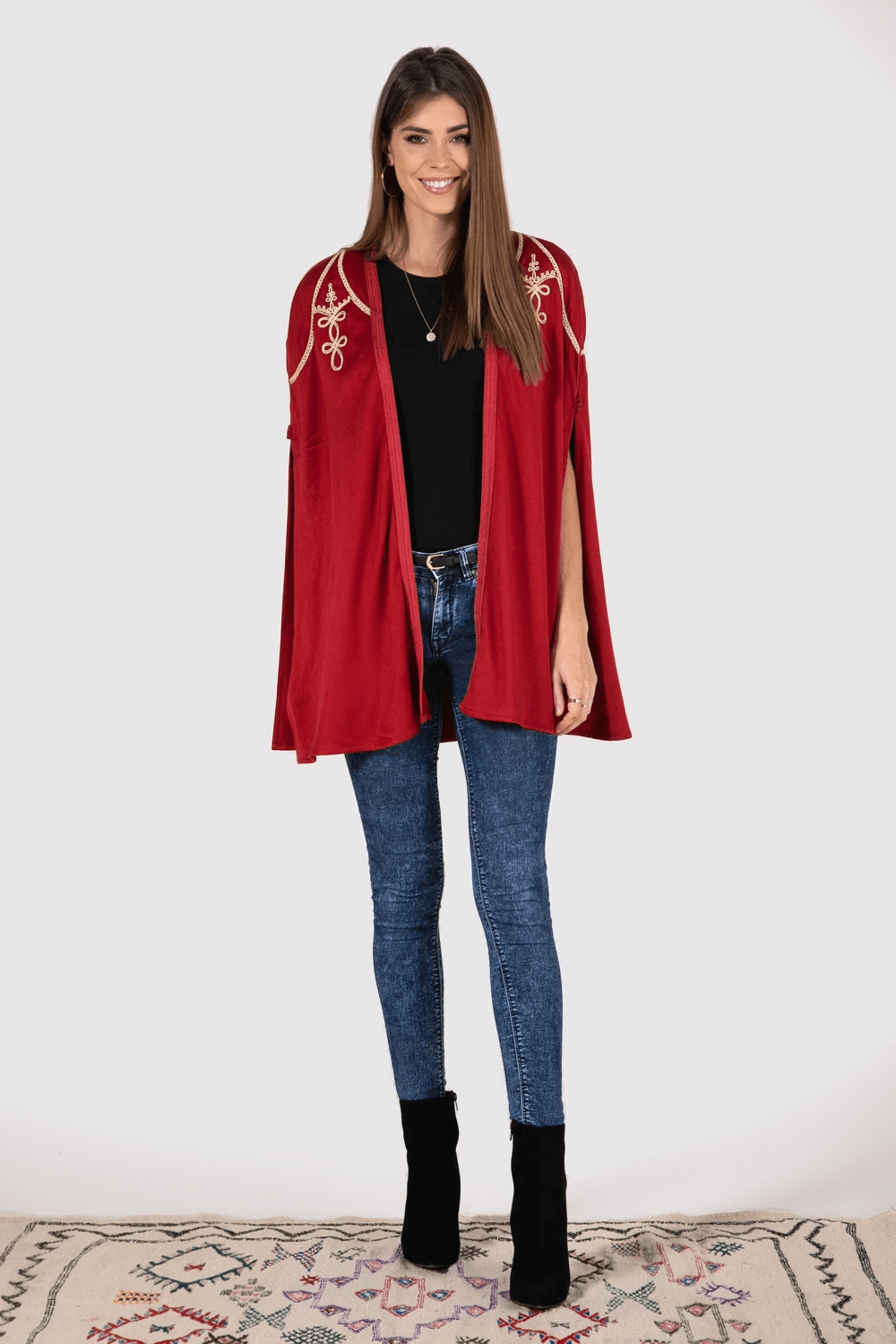 Cleopatre Embroidered Shoulder Longline Cape Jacket in Red Dahlia