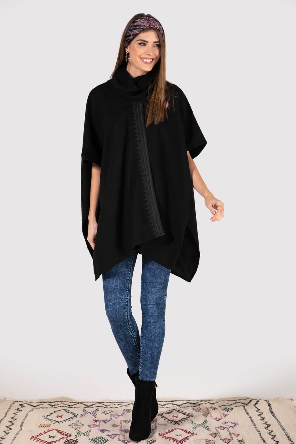 Wijdan Embroidered Longline Cape Jacket in Black
